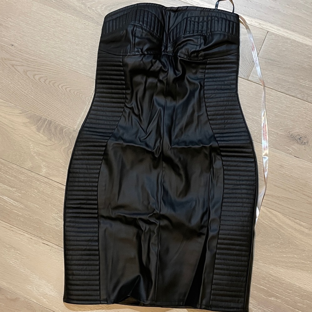 Black faux leather bandeau mini dress